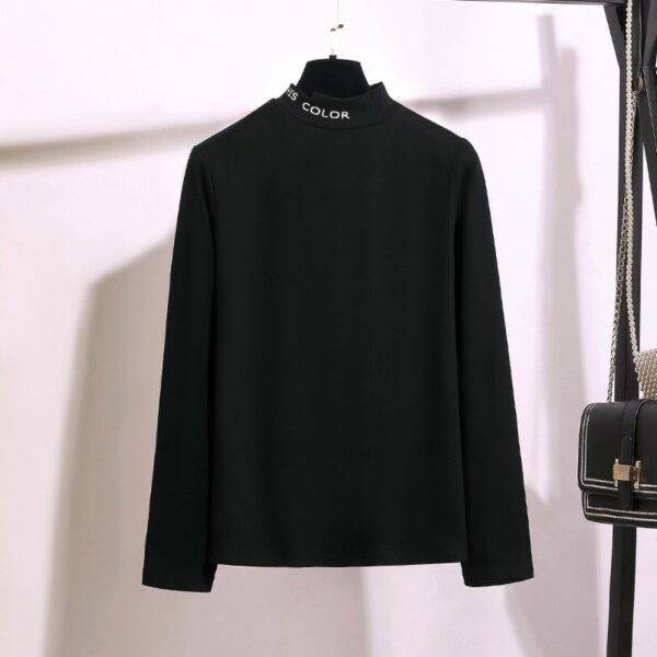 New Fat Long-Sleeved All-Match T-Shirt Loose Round Neck Printing Irregular Half High Collar Bottoming Shirt Women - Image 3