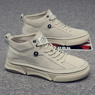 New High-Top Leather Sneakers Men's Casual Martin Boots Trendy White Shoes