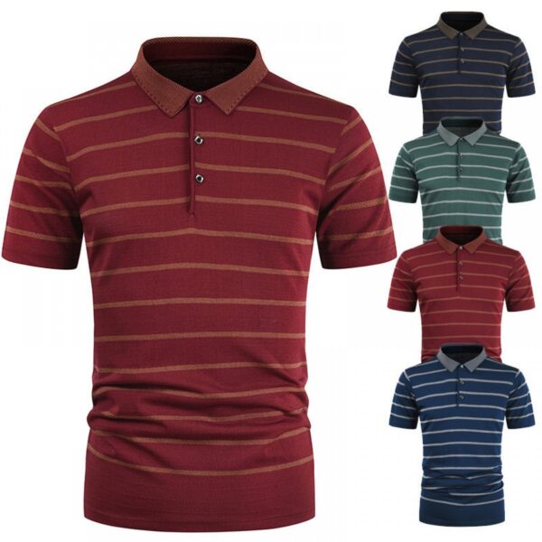New Summer Men's Striped T-Shirt Mens Lapel Casual Short Sleeves - Image 4