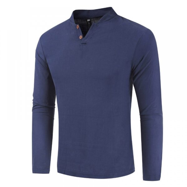 Men's Cotton and Linen Long-Sleeved Pullover Fashion Urban Unhooded Stand-Up Collar Men's T-Shirt - Image 2