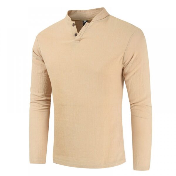 Men's Cotton and Linen Long-Sleeved Pullover Fashion Urban Unhooded Stand-Up Collar Men's T-Shirt - Image 4