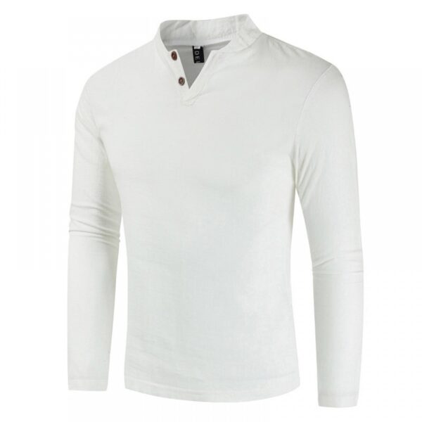 Men's Cotton and Linen Long-Sleeved Pullover Fashion Urban Unhooded Stand-Up Collar Men's T-Shirt - Image 5