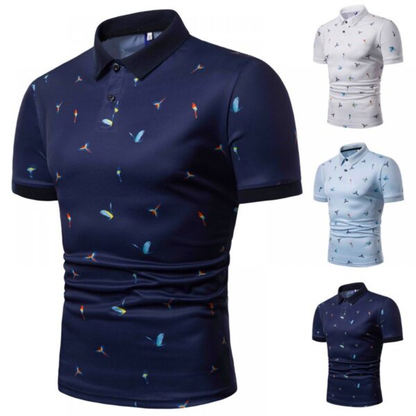 New Men's Tops Trendy Bird Print Short-Sleeved Lapel T-Shirt Lapel Elastic - Image 2