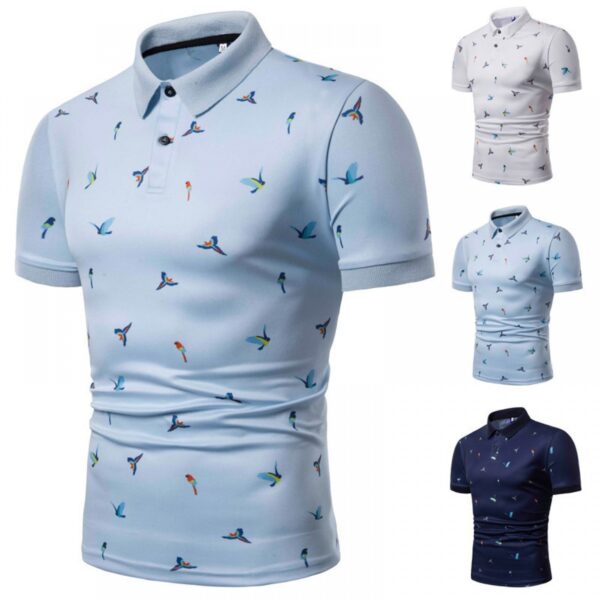 New Men's Tops Trendy Bird Print Short-Sleeved Lapel T-Shirt Lapel Elastic - Image 3