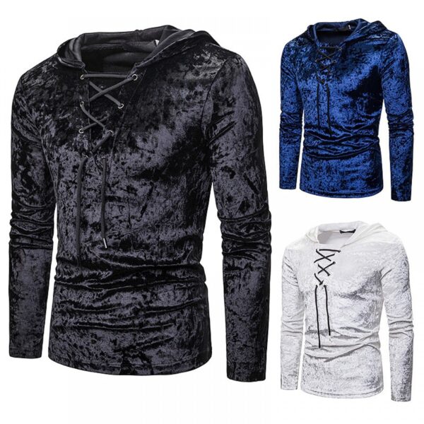 New Men's Diamond Velvet European Size Loose Shoelace Hooded Long Sleeve T-Shirt - Image 2