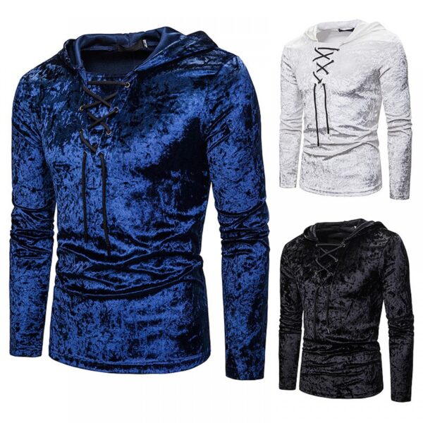 New Men's Diamond Velvet European Size Loose Shoelace Hooded Long Sleeve T-Shirt - Image 3