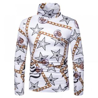 New Men's Large Size 3D Star Chain Print High Neck Long Sleeve T-Shirt Bottoming Shirt