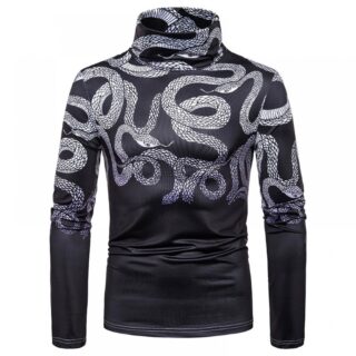 New Men's Large Size 3D Black and White Snake Print High Neck Long Sleeve T-Shirt Bottoming Shirt