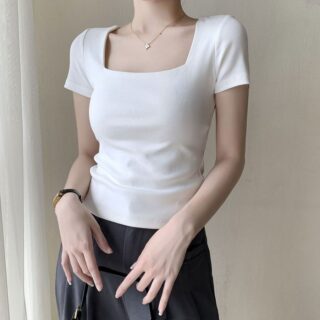 Square Neck Short Sleeve T-Shirt Slim Fit Cropped Top