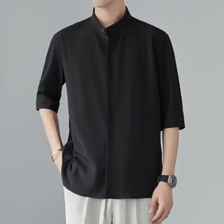 Men's Ice Silk Drape Shirt With Stand Collar And Short Sleeves