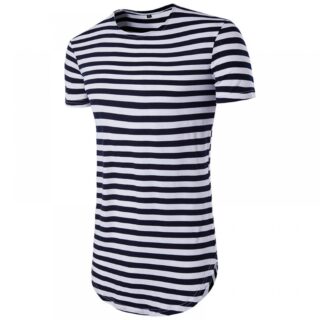 Hip Hop High Street Summer Men's Round Hem High Street Striped Long Short Sleeve T-Shirt